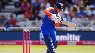 India's Smriti Mandhana plays a shot during during the second Women's International T20 at Trent Bridge (AP)