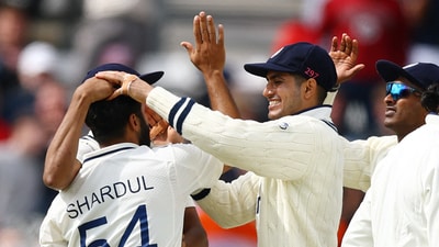 Shardul Thakur celebrates taking the wicket of England's Ben Duckett (Action Images via Reuters)
