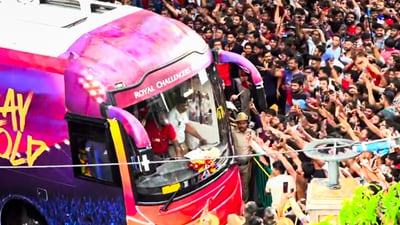 Fans wave as a bus carrying the IPL 2025 winning Royal Challengers Bengaluru team arrives at the Chinnaswamy Stadium, in Bengaluru, Karnataka. (HT_PRINT) Fans wave as a bus carrying the IPL 2025 winning Royal Challengers Bengaluru team arrives at the Chinnaswamy Stadium, in Bengaluru, Karnataka. (HT_PRINT)