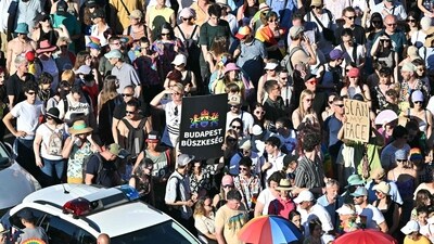 Tens of thousands protest in Budapest against LGBTQ rights ban despite legal threats from the government. (Photo by Attila KISBENEDEK / AFP) (AFP) Tens of thousands protest in Budapest against LGBTQ rights ban despite legal threats from the government. (Photo by Attila KISBENEDEK / AFP) (AFP)