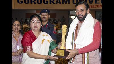 Haryana chief minister Nayab Singh Saini being felicitated during a women's mock parliament organised by BJP Mahila Morcha, in Gurugram on Saturday. (PTI) Haryana chief minister Nayab Singh Saini being felicitated during a women's mock parliament organised by BJP Mahila Morcha, in Gurugram on Saturday. (PTI)