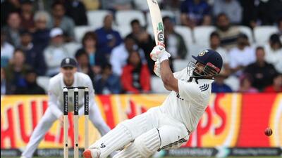 India's Rishabh Pant attempts his patent falling heave during the first Test between India and England at Headingley. (AFP) India's Rishabh Pant attempts his patent falling heave during the first Test between India and England at Headingley. (AFP)
