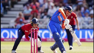India’s Smriti Mandhana on way to scoring a 62-ball 112 in the first T20I against England at Trent Bridge, Nottingham on Saturday. (AP)