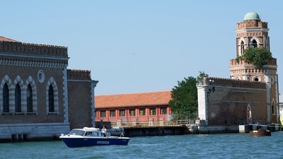 Police patrol the water in front of the Venice Arsenale in Venice, Italy, Saturday, June 28, 2025. (AP Photo/Luca Bruno) (AP) Police patrol the water in front of the Venice Arsenale in Venice, Italy, Saturday, June 28, 2025. (AP Photo/Luca Bruno) (AP)