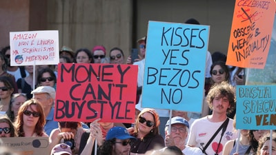 The initiative aimed to raise awareness of the "social and climate injustice", according to Greenpeace. It asserted that "Bezos embodies an economic and social model that is leading us towards collapse" and that lifestyles fueled by "the arrogance of a few billionaires" are damaging the planet. (AP) The initiative aimed to raise awareness of the "social and climate injustice", according to Greenpeace. It asserted that "Bezos embodies an economic and social model that is leading us towards collapse" and that lifestyles fueled by "the arrogance of a few billionaires" are damaging the planet. (AP)