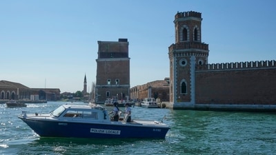 Police patrol the water in front of the Venice Arsenale in Venice, Italy, Saturday, June 28, 2025. (AP Photo/Luca Bruno) (AP) Police patrol the water in front of the Venice Arsenale in Venice, Italy, Saturday, June 28, 2025. (AP Photo/Luca Bruno) (AP)
