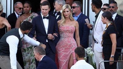 Worst Dressed: Ivanka Trump’s wedding day look fell short of her arrival outfit, resembling more of a Glinda-inspired costume from Wicked than a sophisticated dress for attending a wedding. She was joined by her husband Jared Kushner. REUTERS/Guglielmo Mangiapane TPX IMAGES OF THE DAY (REUTERS)