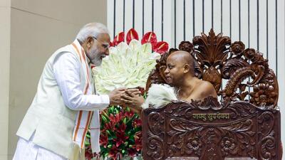 Prime Minister Narendra Modi on Saturday attended the centenary celebrations of Jain spiritual leader Acharya Vidyanand Maharaj at Vigyan Bhawan in New Delhi. (DPR PMO)