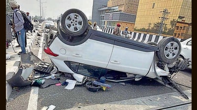 The damaged Hyundai Creta of city-based Dr Gagandeep Singh after the deadly crash at the elevated road near GLADA office in Ludhiana on Saturday. (Gurpreet Singh/HT) The damaged Hyundai Creta of city-based Dr Gagandeep Singh after the deadly crash at the elevated road near GLADA office in Ludhiana on Saturday. (Gurpreet Singh/HT)