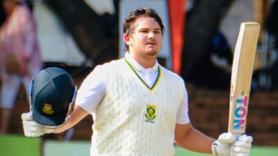 Lhuan-dre Pretorius celebrates his century in Bulawayo against Zimbabwe, at just 19 years of age. (X) Lhuan-dre Pretorius celebrates his century in Bulawayo against Zimbabwe, at just 19 years of age. (X)