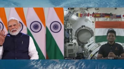 During the exchange, PM Modi told Shukla: "Your historic journey will further strengthen students' resolve to explore space." During the exchange, PM Modi told Shukla: "Your historic journey will further strengthen students' resolve to explore space."