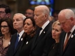 The funeral for Melissa and Mark Hortman was held on June 28, attended by Joe Biden and Kamala Harris.  (Alex Kormann/Star Tribune via AP, Pool)