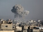 Smoke billows after an Israeli strike on Jabalia in the northern Gaza Strip on Saturday