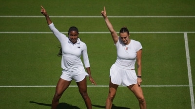 Aryna Sabalenka of Belarus, right, and Coco Gauff of United States dance during a practice session ahead of the Wimbledon Championships in London, Friday, June 27 (AP) Aryna Sabalenka of Belarus, right, and Coco Gauff of United States dance during a practice session ahead of the Wimbledon Championships in London, Friday, June 27 (AP)