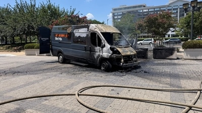 An Amazon van caught on fire in Arlington, Virginia on Sunday An Amazon van caught on fire in Arlington, Virginia on Sunday