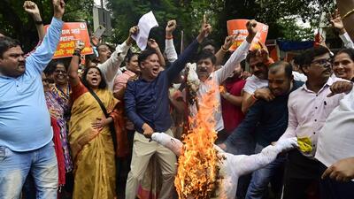 Before the government announced the decision to scrap the GRs, organisations working for the cause of the Marathi language burnt copies of the GRs at Azad Maidan in south Mumbai (Hindustan Times) Before the government announced the decision to scrap the GRs, organisations working for the cause of the Marathi language burnt copies of the GRs at Azad Maidan in south Mumbai (Hindustan Times)