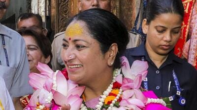 Chief minister Rekha Gupta at Shri Banke Bihari Temple in Vrindavan on Sunday. (PTI)