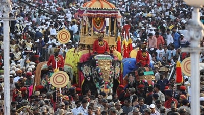 The grand Jumboo Savari at the Mysuru Dasara celebrations. (Shreyas Devanoor) The grand Jumboo Savari at the Mysuru Dasara celebrations. (Shreyas Devanoor)