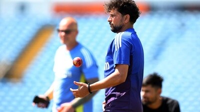 India’s left-arm wrist spinner Kuldeep Yadav during practice at the Headingley ground. (HT_PRINT)