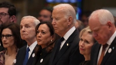 The funeral for Melissa and Mark Hortman was held on June 28, attended by Joe Biden and Kamala Harris. (Alex Kormann/Star Tribune via AP, Pool) (AP) The funeral for Melissa and Mark Hortman was held on June 28, attended by Joe Biden and Kamala Harris. (Alex Kormann/Star Tribune via AP, Pool) (AP)