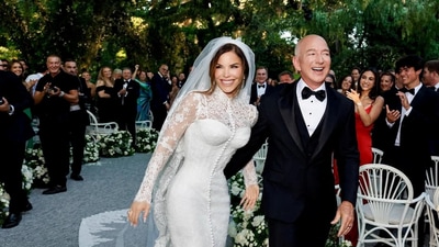 Lauren Sánchez wore a flowery Schiaparelli gown with a figure-hugging, patterned corset to the warm reception she and Bezos gave at the Madonna dell'Orto chapel, according to NBC News. (@laurensanchezbezos via REUTERS)