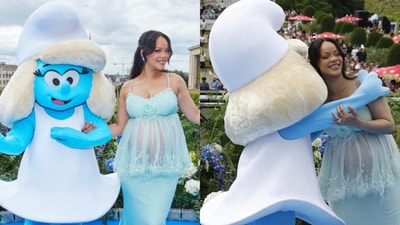 Rihanna radiates pregnancy glow in blue at The Smurfs global premiere. Rihanna radiates pregnancy glow in blue at The Smurfs global premiere.