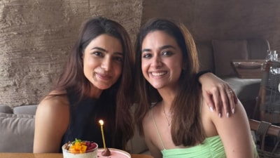Samantha Ruth Prabhu and Keerthy Suresh pose together after a lunch date. Samantha Ruth Prabhu and Keerthy Suresh pose together after a lunch date.