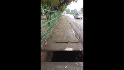 The view of open rainy drain near Parashuram Bhavan Sector 12-A in Panchkula on Sunday. (Sant Arora/HT)