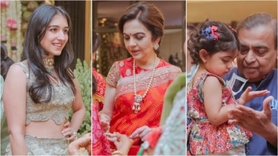 Ambani family stuns in glamorous attire at Mudit Dani's wedding celebration. (Instagram/@ambani_update) Ambani family stuns in glamorous attire at Mudit Dani's wedding celebration. (Instagram/@ambani_update)