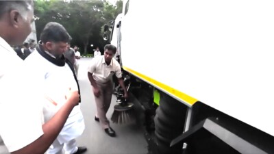 DCM DK Shivakumar inspects trucks equipped with rotating brooms and water jets to urbanise cleaning in Bengaluru city. DCM DK Shivakumar inspects trucks equipped with rotating brooms and water jets to urbanise cleaning in Bengaluru city.