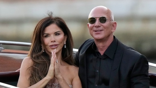 Lauren Sanchez Bezos, left, and Jeff Bezos depart from the Aman hotel during wedding celebrations in Venice, Italy, Saturday, June 28, 2025. (AP/PTI)(AP06_29_2025_000003B) (AP)