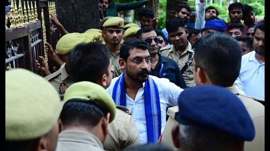 Chandra Shekhar Azad detained at circuit house in Prayagraj on Sunday evening. (Anil Kumar Maurya/HT)