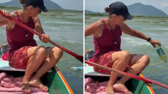 The clip shared on social media showed the foreigner slowly floating the boat and gathering plastic bags and used bottles from the lake. (X/kashmir_right)
