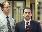 Rainn Wilson as Dwight Schrute and Steve Carell as Michael Scott in a still from The Office