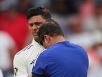 India's Yashasvi Jaiswal is attended by a physio. India's Yashasvi Jaiswal is attended by a physio.
