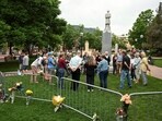 Members of a church gather for prayer beside a memorial at the scene of an attack that injured multiple people, outside the Boulder County Courthouse, in Boulder, Colorado on June 2, 2025.