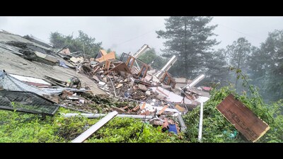 A view of debris after a five-storey residential building collapses in the Bhatakufar area, in Shimla on Monday. (ANI) A view of debris after a five-storey residential building collapses in the Bhatakufar area, in Shimla on Monday. (ANI)