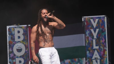 Bob Vylan perform on the West Holts Stage, during the Glastonbury Festival at Worthy Farm in Somerset. England, Saturday. (AP) Bob Vylan perform on the West Holts Stage, during the Glastonbury Festival at Worthy Farm in Somerset. England, Saturday. (AP)
