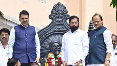 CM Devendra Fadnavis, Dy CM Eknath Shinde, Dy CM Ajit Pawar and other MLAs pay respects to Chhatrapati Shivaji Maharaj. (Anshuman Poyrekar/ Hindustan Times) CM Devendra Fadnavis, Dy CM Eknath Shinde, Dy CM Ajit Pawar and other MLAs pay respects to Chhatrapati Shivaji Maharaj. (Anshuman Poyrekar/ Hindustan Times)