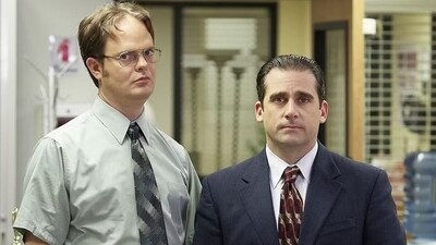 Rainn Wilson as Dwight Schrute and Steve Carell as Michael Scott in a still from The Office
