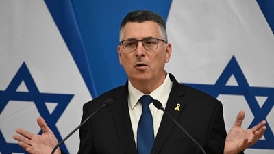 Israel's Foreign Minister Gideon Saar answers a journalist's question during a joint presser. Israel's Foreign Minister Gideon Saar answers a journalist's question during a joint presser.