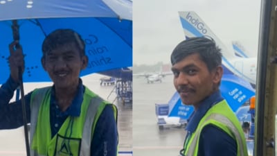 Video of IndiGo staffer Arun Charan helping passengers in rain goes viral. (Screengrab Instagram/@ iammayuriarora) Video of IndiGo staffer Arun Charan helping passengers in rain goes viral. (Screengrab Instagram/@ iammayuriarora)