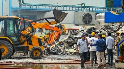 Rescue work underway after an explosion at a pharma plant, at Pashamylaram, in Sangareddy district, Telangana, Monday. (PTI) Rescue work underway after an explosion at a pharma plant, at Pashamylaram, in Sangareddy district, Telangana, Monday. (PTI)