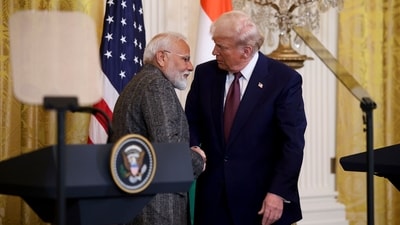 US President Donald Trump (R) and PM Narendra Modi during a news conference in the East Room of the White House in Washington DC. (File) (Bloomberg) US President Donald Trump (R) and PM Narendra Modi during a news conference in the East Room of the White House in Washington DC. (File) (Bloomberg)