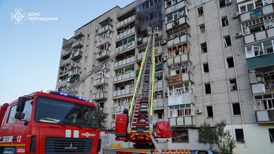 Firefighters work at the site of an apartment building damaged during Russian drone and missile strikes, amid Russia's attack on Ukraine, in the town of Smila, Cherkasy region, Ukraine June 29, 2025. (via REUTERS)
