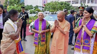 Uttar Pradesh chief minister Yogi Adityanath greets President Droupadi Murmu in Gorakhpur on Monday in the presence of governor Anandiben Patel and Union minister of state for health and family welfare Anupriya Patel. (PTI PHOTO) Uttar Pradesh chief minister Yogi Adityanath greets President Droupadi Murmu in Gorakhpur on Monday in the presence of governor Anandiben Patel and Union minister of state for health and family welfare Anupriya Patel. (PTI PHOTO)