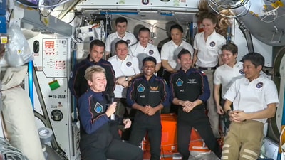 India's Shubhanshu Shukla with three other astronauts and International Space Station (ISS) crew after the Axiom-4 mission's Space-X Dragon spacecraft docked to the ISS, as part of the mission. (@SpaceX) India's Shubhanshu Shukla with three other astronauts and International Space Station (ISS) crew after the Axiom-4 mission's Space-X Dragon spacecraft docked to the ISS, as part of the mission. (@SpaceX)