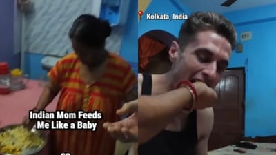 An American vlogger was lovingly fed by an Indian mother in a viral video that left social media users emotional. (Instagram/dustincheverier ) An American vlogger was lovingly fed by an Indian mother in a viral video that left social media users emotional. (Instagram/dustincheverier )