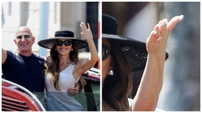 Lauren Sanchez shows off her wedding engagement ring as she leaves the Aman hotel in Venice. (Reuters) Lauren Sanchez shows off her wedding engagement ring as she leaves the Aman hotel in Venice. (Reuters)