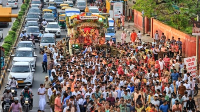 Devotees take part in the annual Rath Yatra procession of Lord Jagannath, Lord Balabhadra and Goddess Subhadra, in Jaipur, Friday, June 27 (PTI) Devotees take part in the annual Rath Yatra procession of Lord Jagannath, Lord Balabhadra and Goddess Subhadra, in Jaipur, Friday, June 27 (PTI)